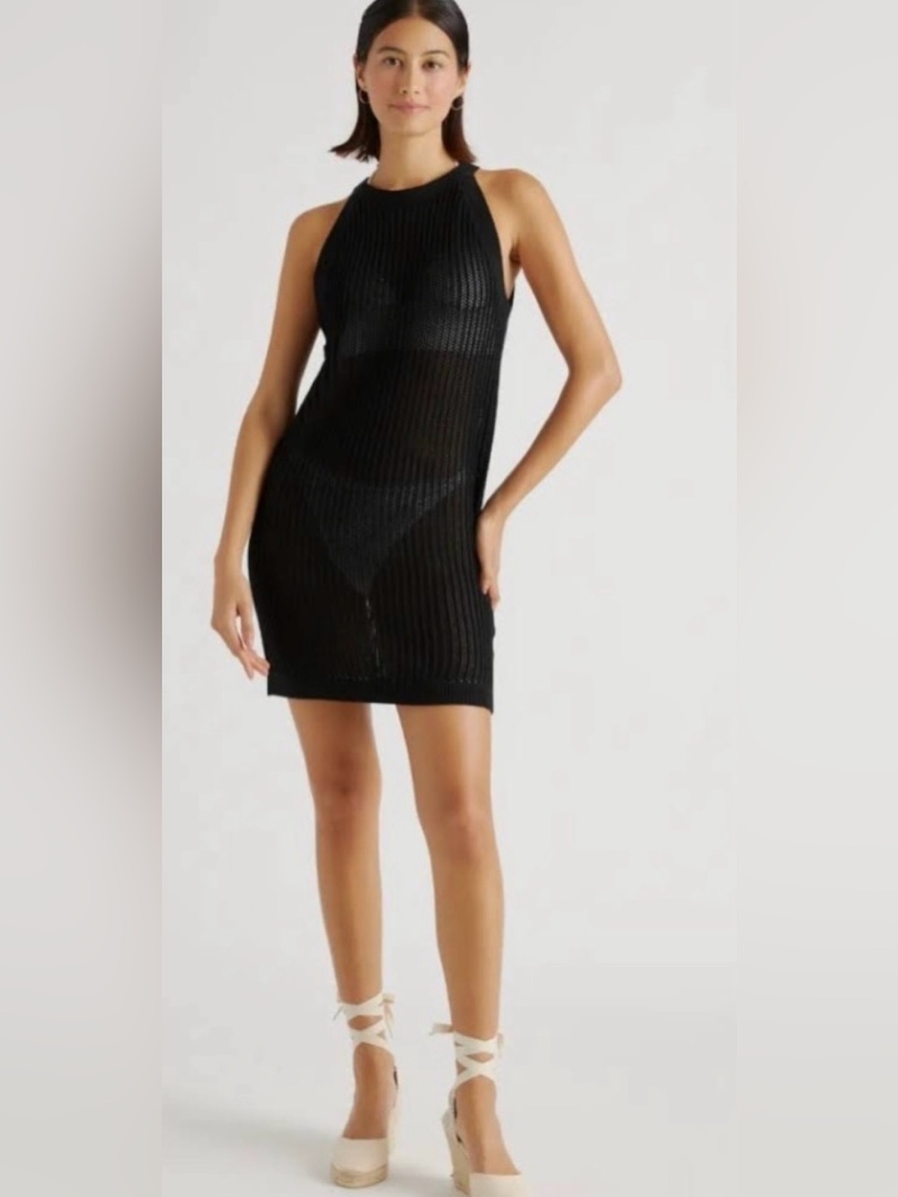 Quince Organic Cotton Open-Knit Cover-Up Mini Dress Sz L Black Beach Sunmer
